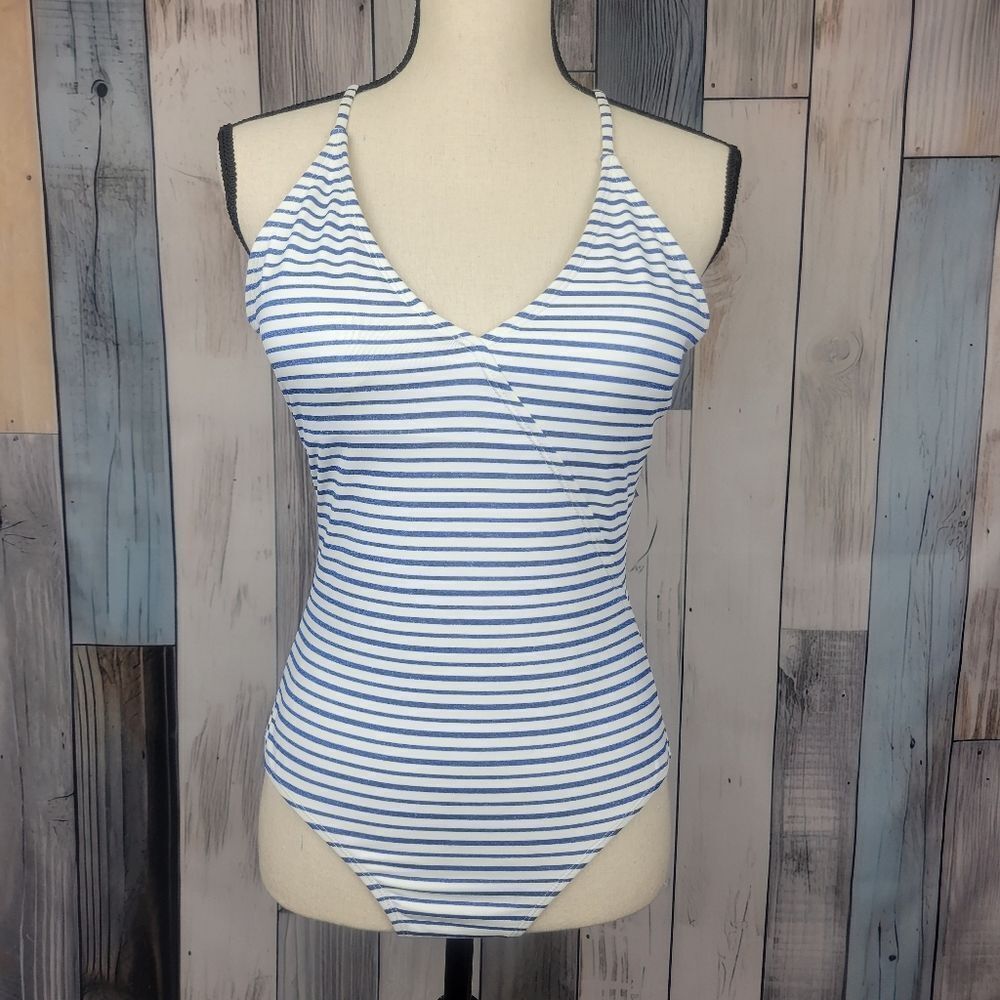 Vigoss White Metalic Blue Striped One Piece Swimsuit Size Medium
